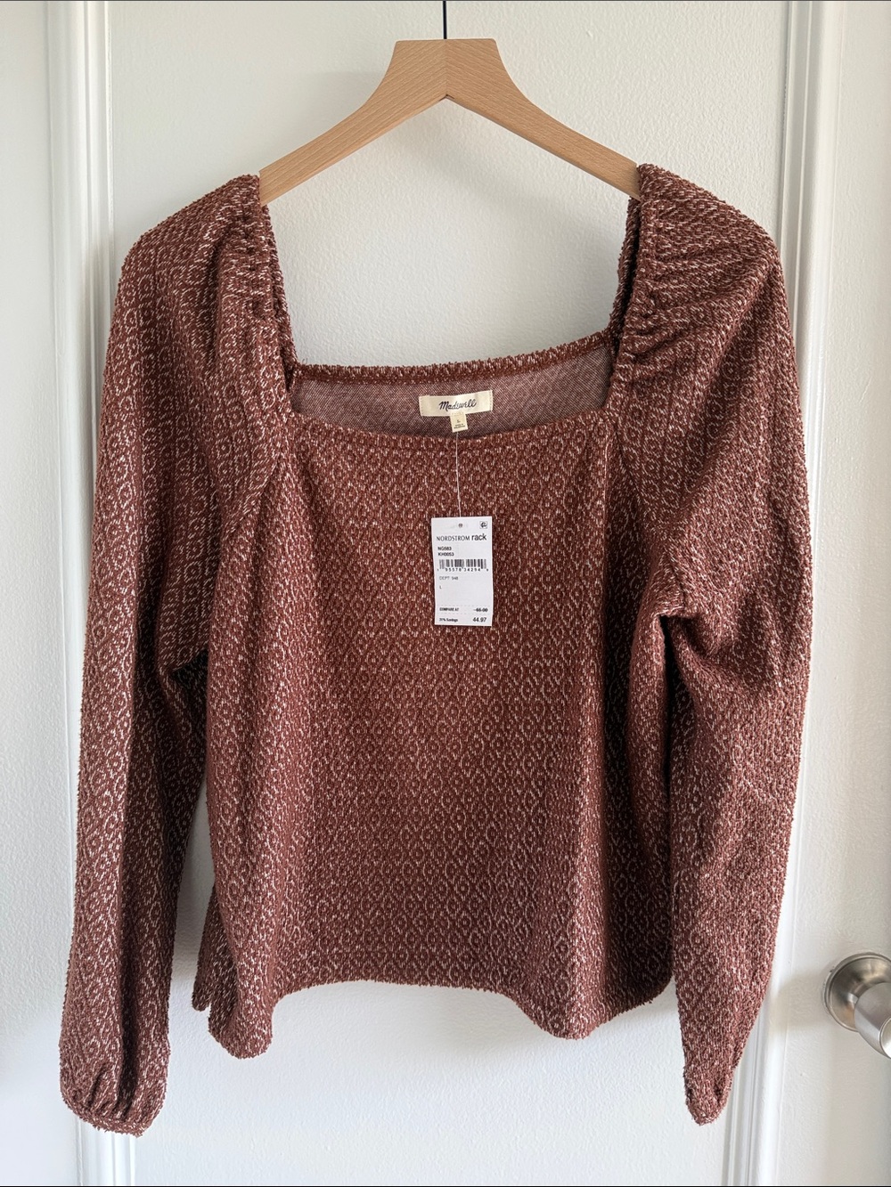 NWT Madewell Mauve-Brown Textured Square Neck Long Sleeve Top